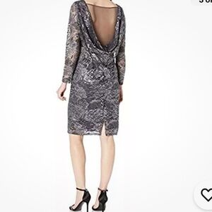 Marina cocktail stretch lace foil dress STATEMENT sheer BACK sheath navy gold L